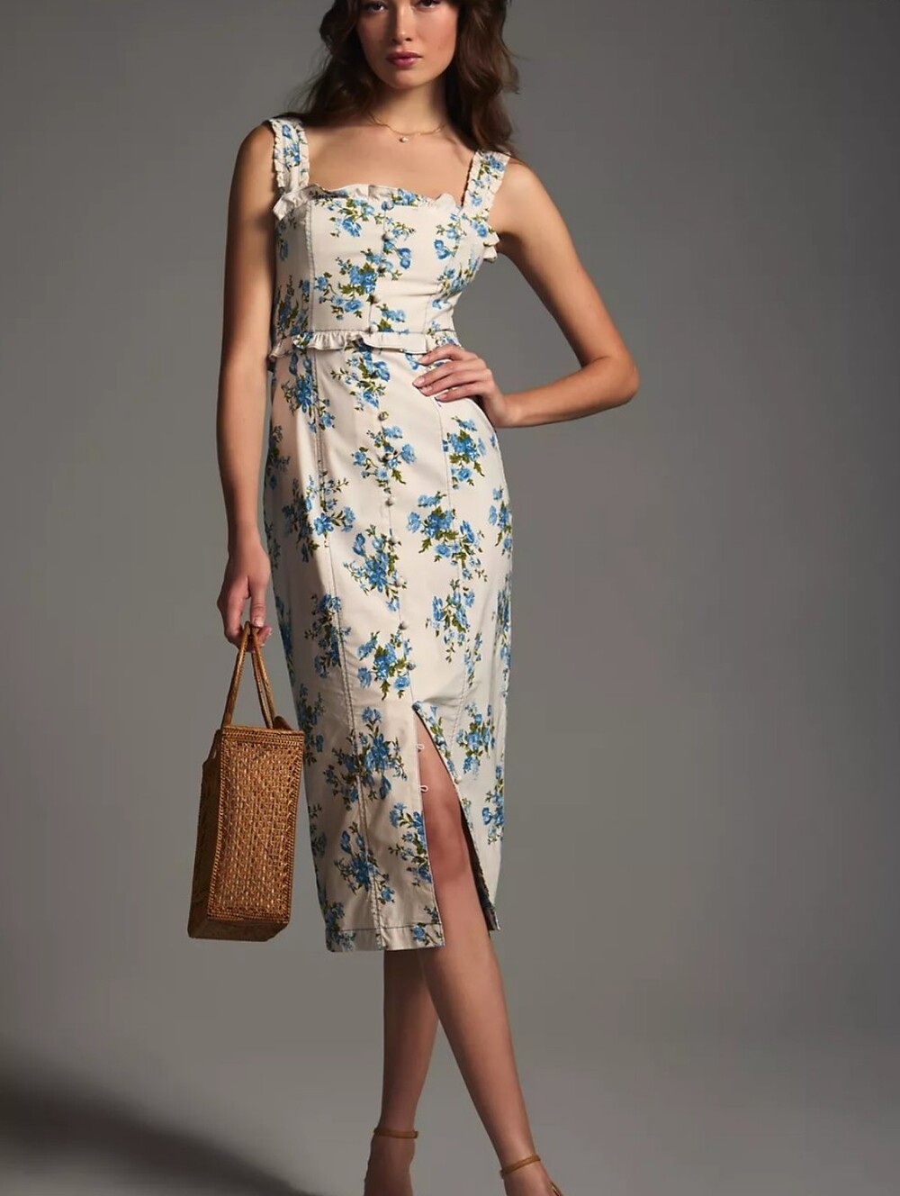 Anthropologie Slim Square-neck Ruffle Floral Buttondown Midi Dress Stretch Small